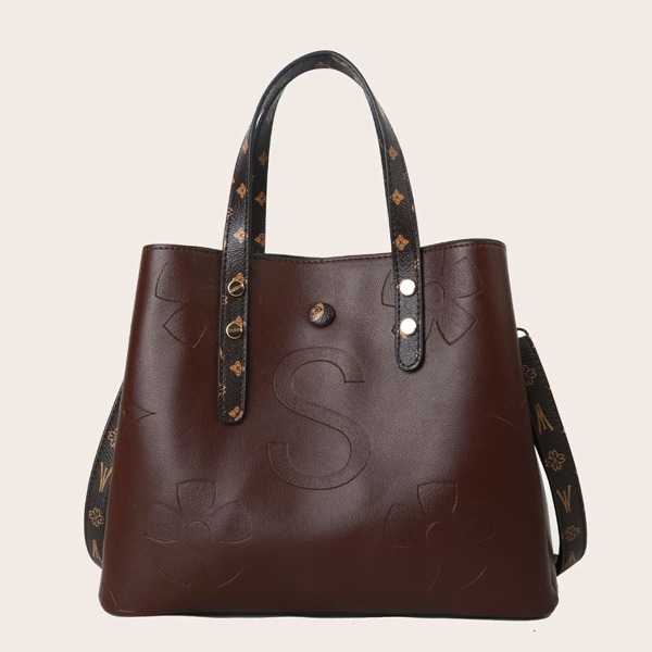 

Letter & Floral Embossed Tote Bag, Coffee brown