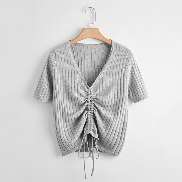 

Plus Drawstring Front Ribbed Knit Top, Grey