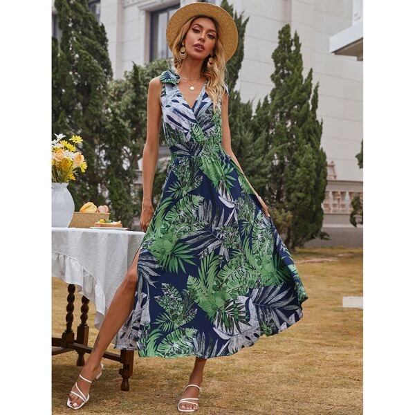 

Tropical Print Surplice Front Split High Dress, Multicolor