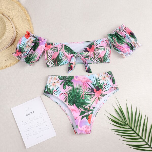 

Flamingo & Tropical Bardot Bikini Swimsuit, Multicolor
