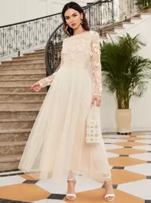 SHEIN Belle Kleid mit Reißverschluss hinten, mit Applikations-Detail, durchsichtiger Mesh-Überlage, elegant mit langen Ärmeln, für formelle Abendveranstaltungen, Abschlussball, Dinner-Party, Hochzeitsgast