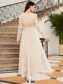 SHEIN Belle Kleid mit Reißverschluss hinten, mit Applikations-Detail, durchsichtiger Mesh-Überlage, elegant mit langen Ärmeln, für formelle Abendveranstaltungen, Abschlussball, Dinner-Party, Hochzeitsgast