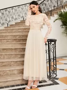 SHEIN Belle Kleid mit Reißverschluss hinten, mit Applikations-Detail, durchsichtiger Mesh-Überlage, elegant mit langen Ärmeln, für formelle Abendveranstaltungen, Abschlussball, Dinner-Party, Hochzeitsgast