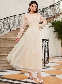 SHEIN Belle Kleid mit Reißverschluss hinten, mit Applikations-Detail, durchsichtiger Mesh-Überlage, elegant mit langen Ärmeln, für formelle Abendveranstaltungen, Abschlussball, Dinner-Party, Hochzeitsgast
