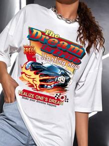 SHEIN Unity 汽車和字母圖案T恤 - 白色 - 查看 1