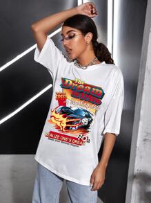 SHEIN Unity 汽車和字母圖案T恤 - 白色 - 查看 5