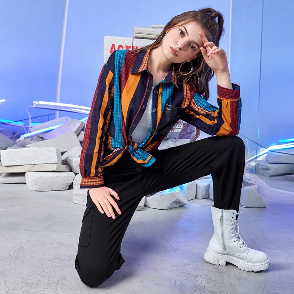 

Colorblock And Striped Print Button Front Blouse, Multicolor
