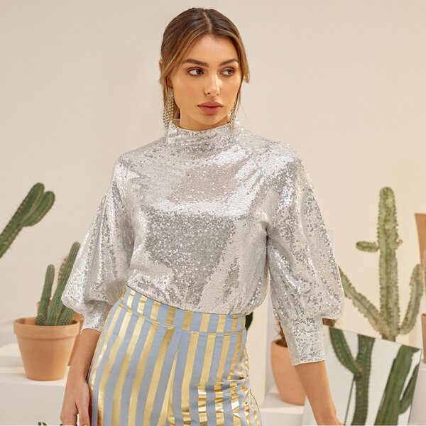 

Mock Neck Bishop Sleeve Sequin Top, Silver