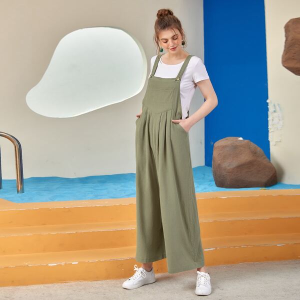 

Pocket Front Wide Leg Overall Jumpsuit Without Tee, Army green