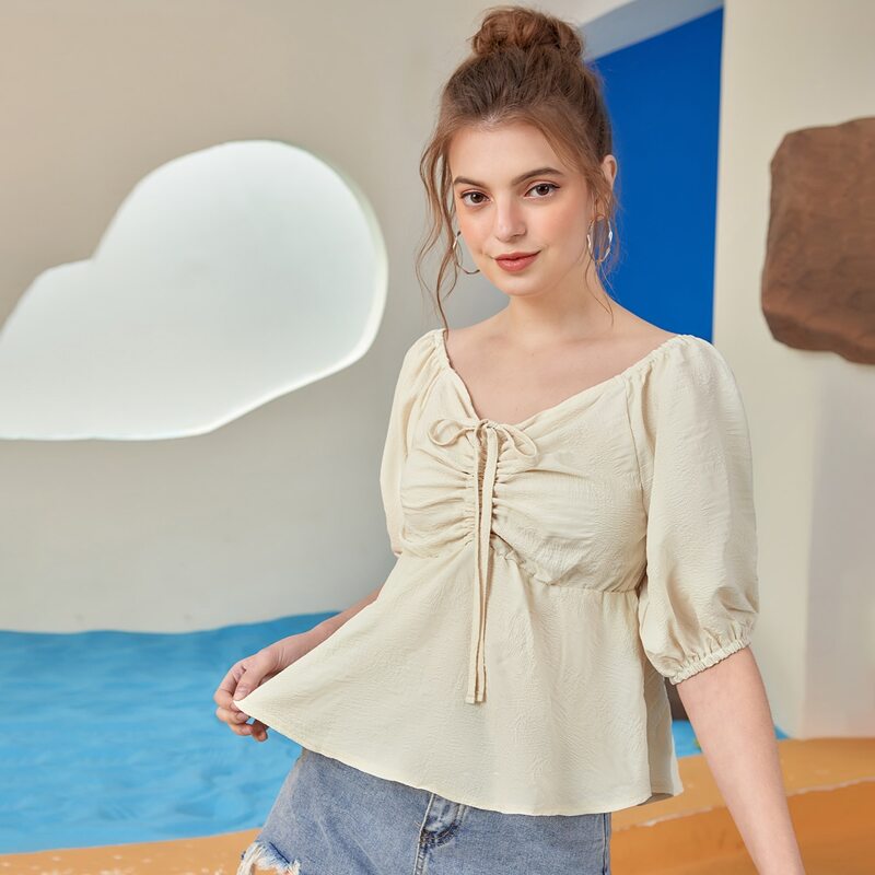 

Drawstring Front Smock Blouse, Beige