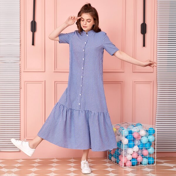 

Gingham Ruffle Hem Shirt Dress, Blue