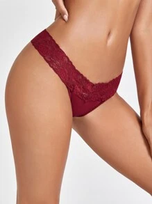 Lencería De Tanga De Encaje Contrastante - Burdeos - Ver 3