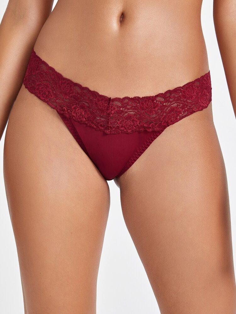 對比花邊丁字褲內衣 - 酒紅色 - 查看 5