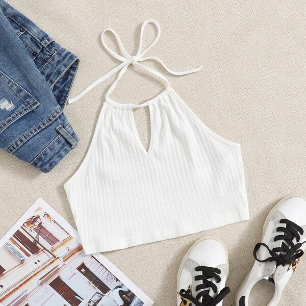 

Self Tie Rib-knit Halter Top, White