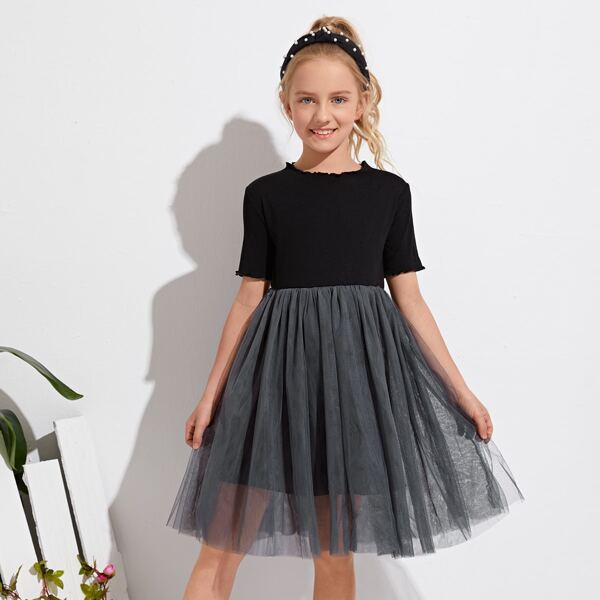 

Girls Contrast Mesh A-line Dress, Black