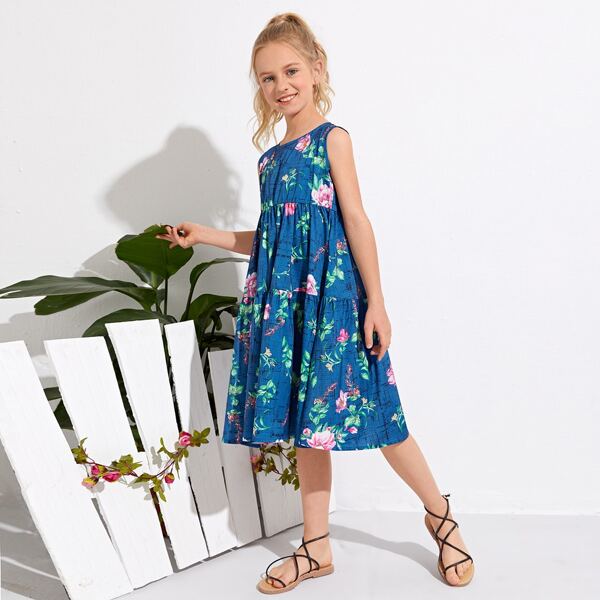 

Girls Floral Print Smock Dress, Blue