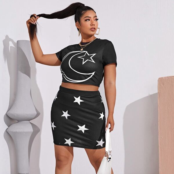 

Plus Galaxy Print Top & Skirt Set, Black