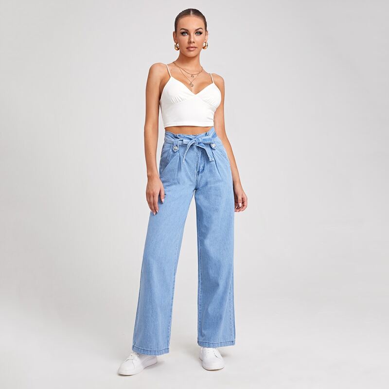 

Solid Belted Wide Leg Jeans, Light wash