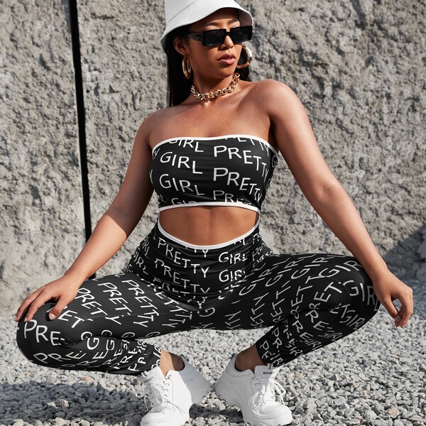 

Plus Contrast Binding Cut Out Waist Letter Graphic Tube Jumpsuit, Black