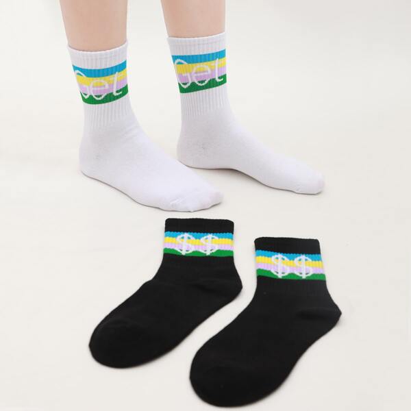 

2pairs Letter Graphic Socks, Black and white