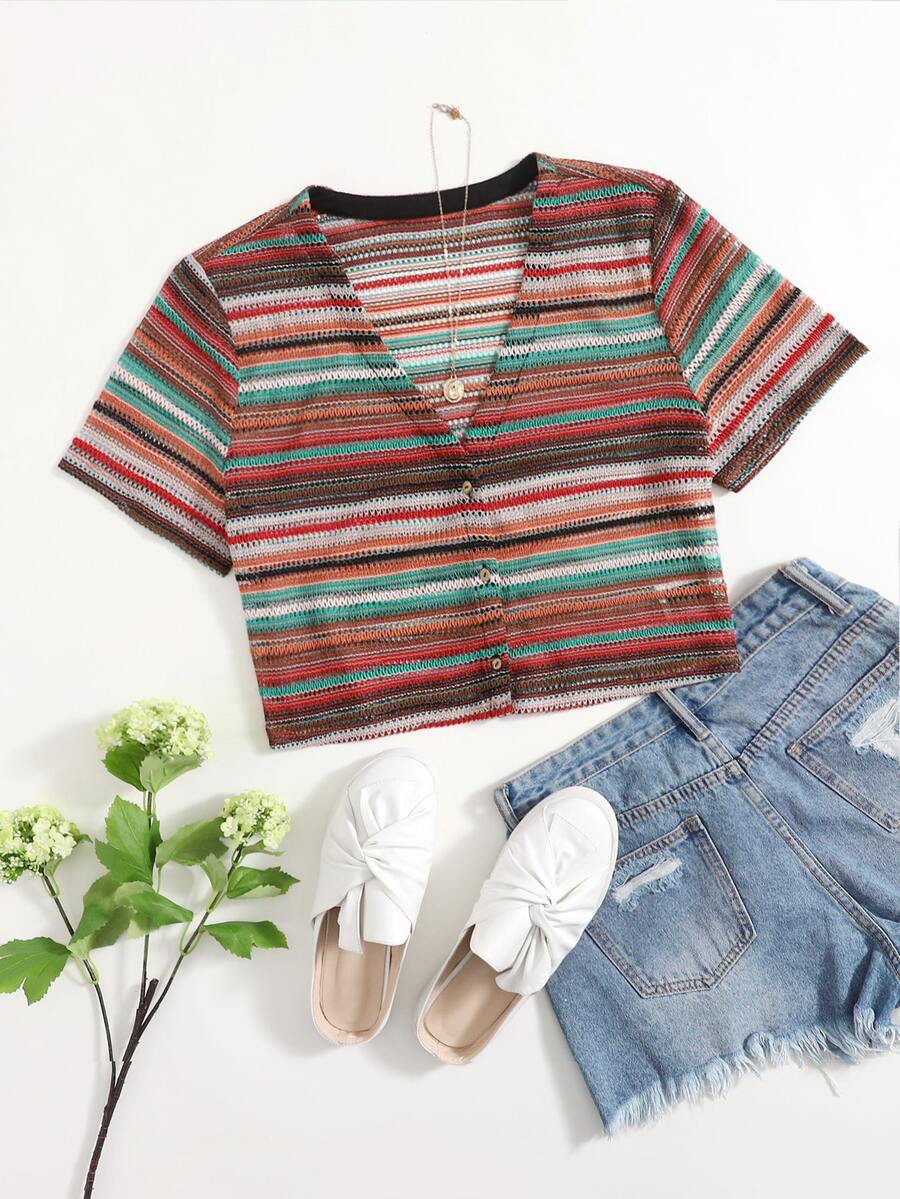 SHEIN 大碼條紋紐扣衣 - 彩色 - 查看 1