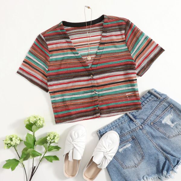 

Plus Striped Button Front Top, Multicolor