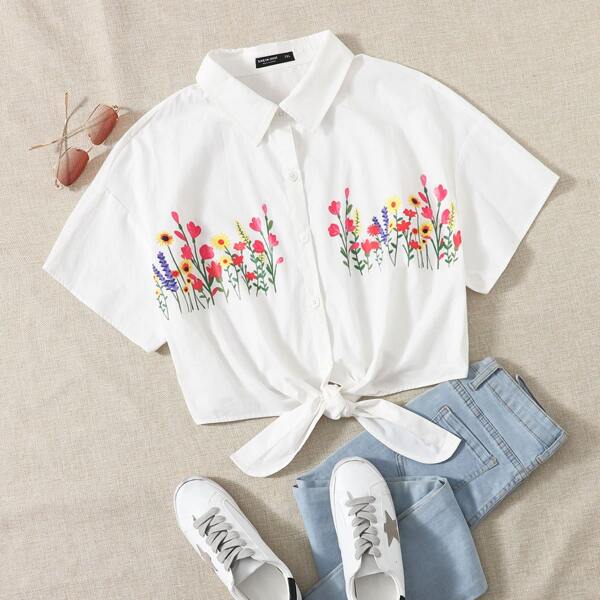 

Plus Floral Print Tie Front Blouse, White