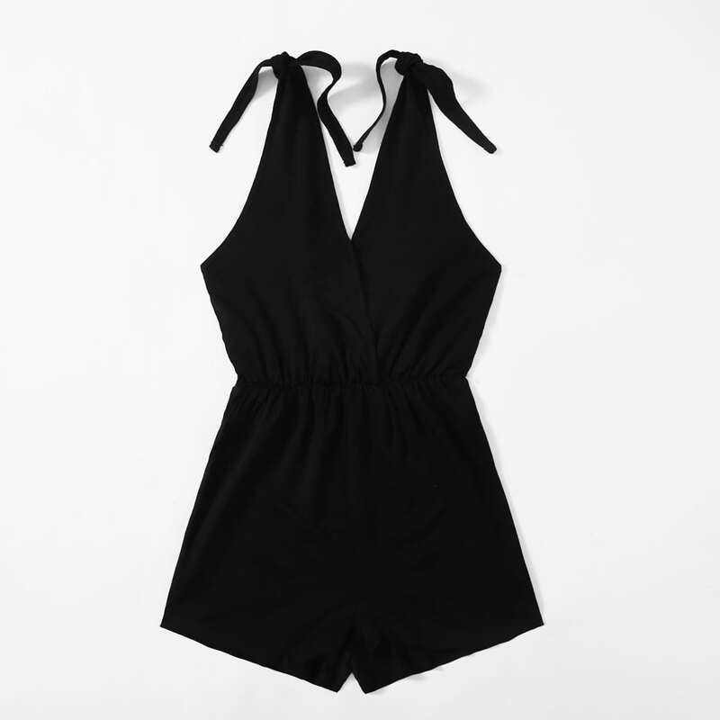 

Tie Shoulder Solid Romper, Black