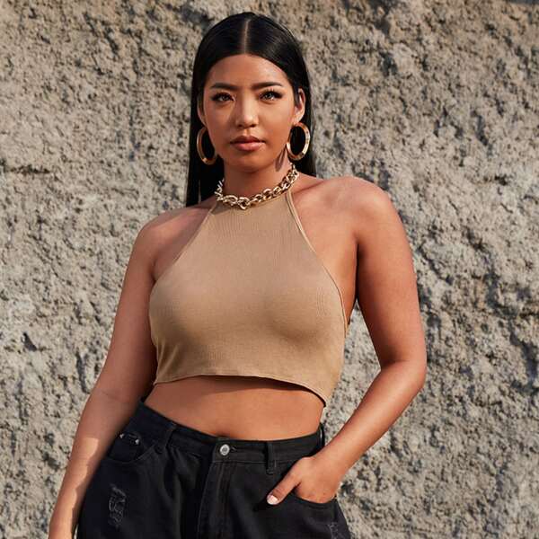 

Plus Tie Backless Halter Top, Khaki