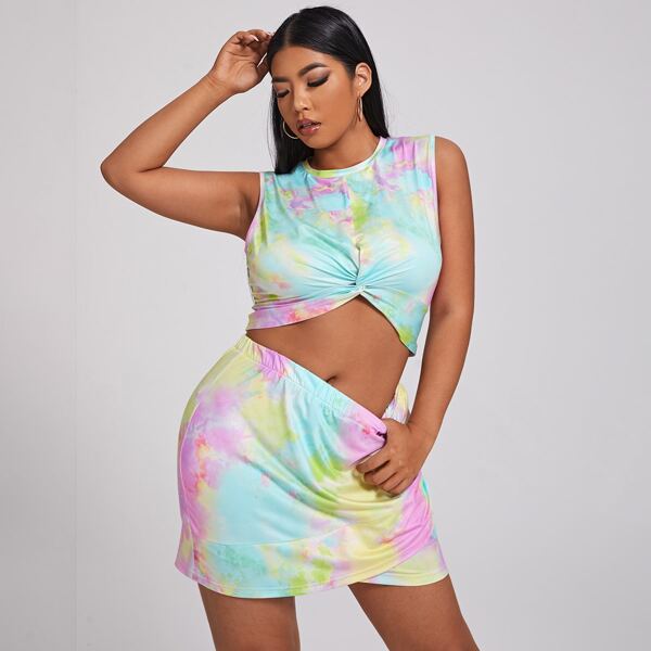 

Plus Tie Dye Twist Crop Tank Top & Skirt, Multicolor
