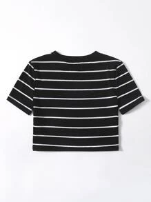SHEIN EZwear 條紋羅紋針織T恤 - 黑與白 - 查看 2