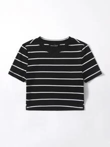 SHEIN EZwear 條紋羅紋針織T恤 - 黑與白 - 查看 3