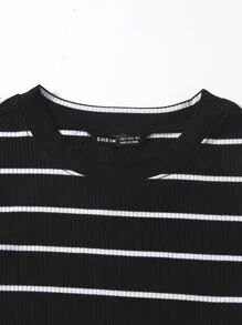 SHEIN EZwear 條紋羅紋針織T恤 - 黑與白 - 查看 4