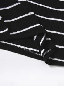 SHEIN EZwear 條紋羅紋針織T恤 - 黑與白 - 查看 5