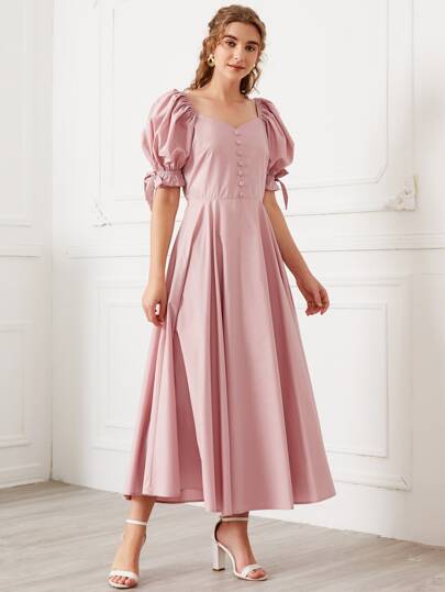 SHEIN Puff Sleeve Button Detail Dress