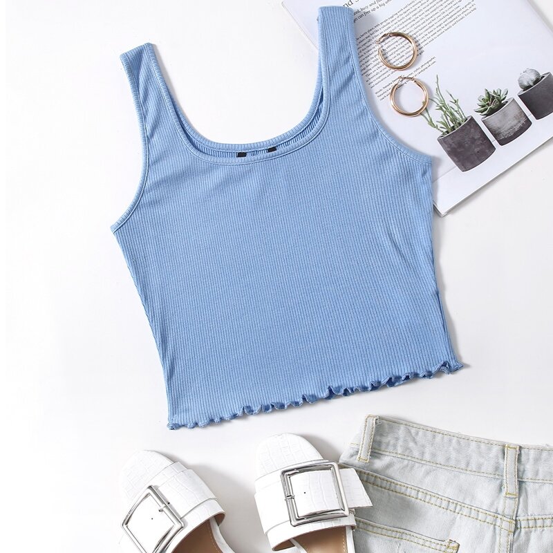 

Lettuce Trim Rib-knit Tank Top, Baby blue