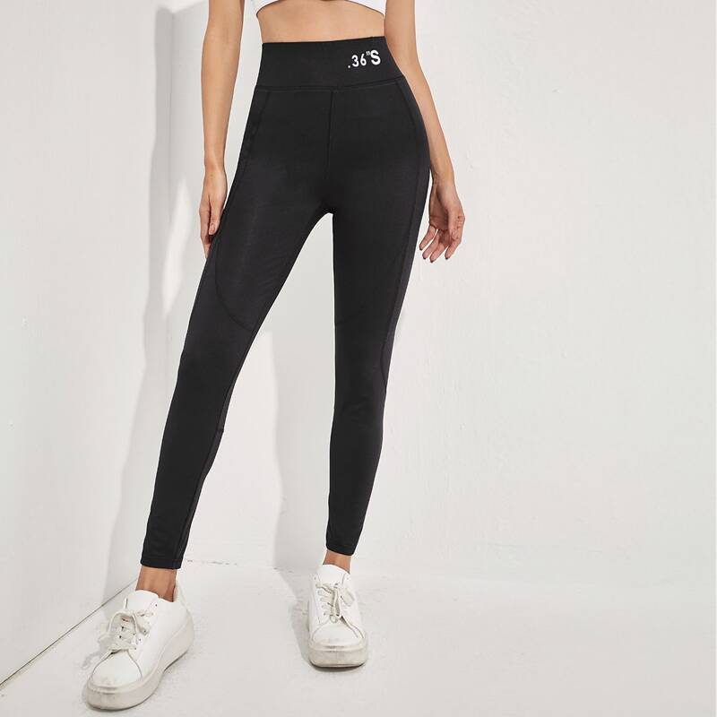 

Number Print Wide Waistband Leggings, Black