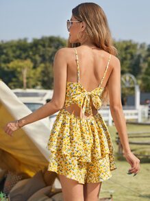 SHEIN Frenchy Floral Tie Back Ruffle Hem Romper