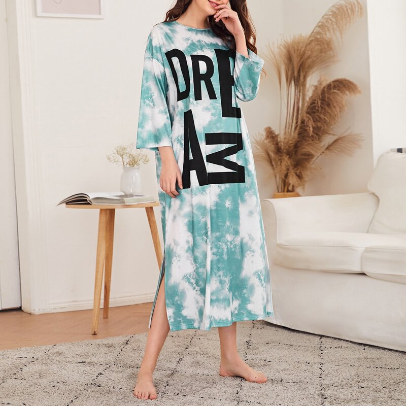 

Letter Graphic Tie Dye Split Hem Sleepshirt, Multicolor