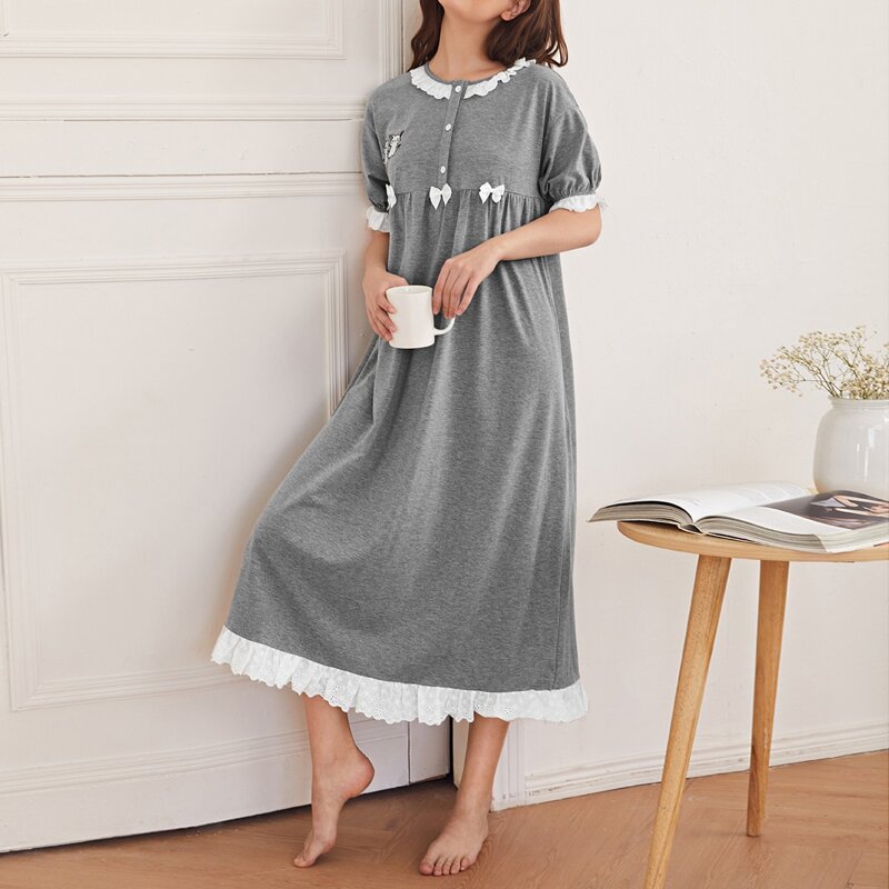 

Cartoon Embroidered Contrast Schiffy Ruffle Trim Nightdress, Grey