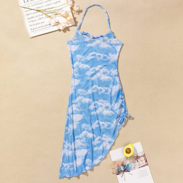 

Cloud Print Mesh Cover Up, Blue and white