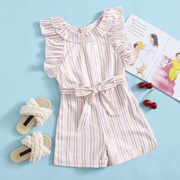 

Toddler Girls Striped Ruffle Belted Romper, Multicolor