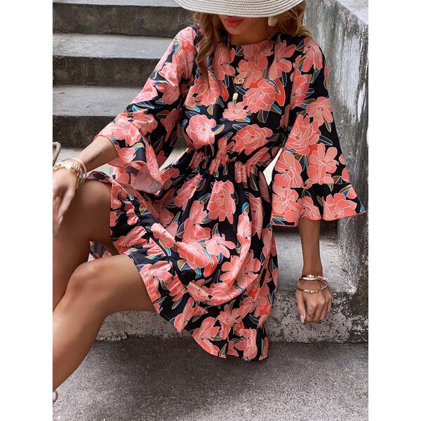 

Floral Ruffle Hem Keyhole Back Dress, Multicolor