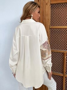 圖案印花紐扣長款襯衫 - 米色 - 查看 2