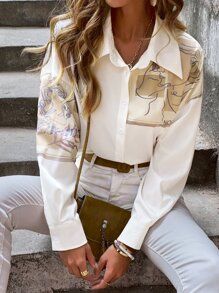 圖案印花紐扣長款襯衫 - 米色 - 查看 4