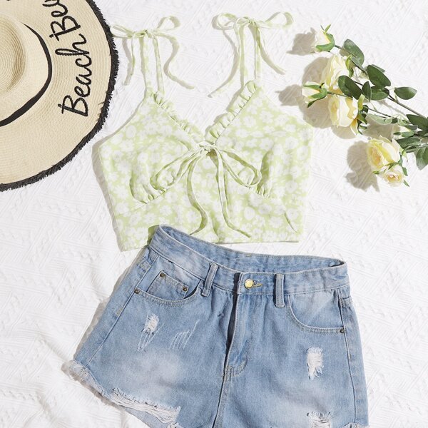 

Ditsy Floral Frill Trim Cami Top, Lime green