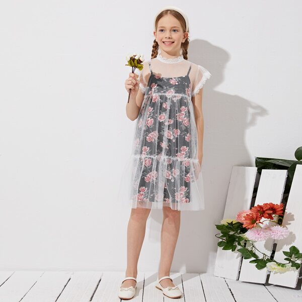 

Girls Floral Lace Trim Mesh Overlay Dress, Multicolor