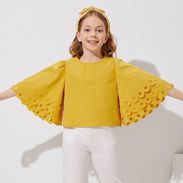 

Girls Laser Cut Cuff Bell Sleeve Top, Yellow