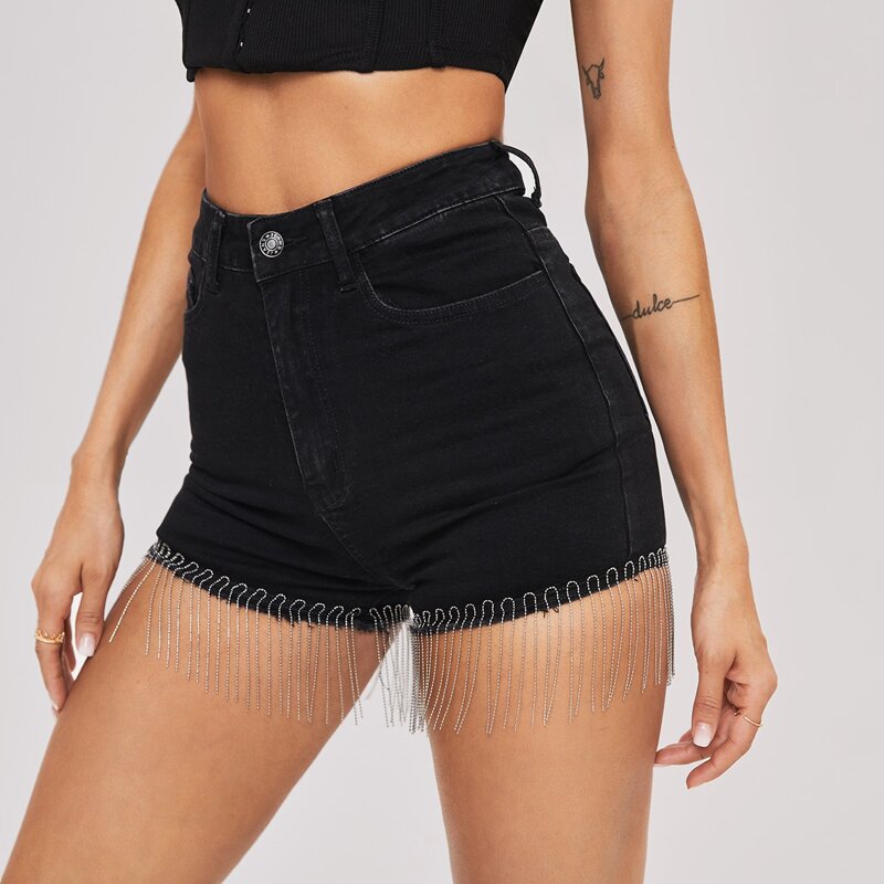 

Fringe Hem Denim Shorts, Black