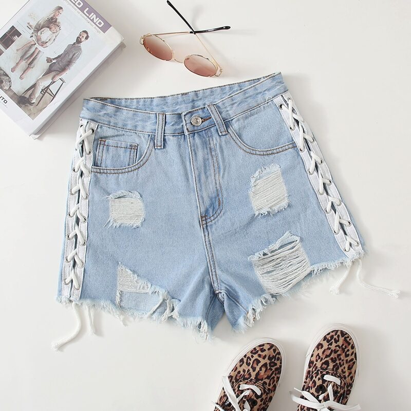 

Lace Up Side Ripped Denim Shorts, Light wash